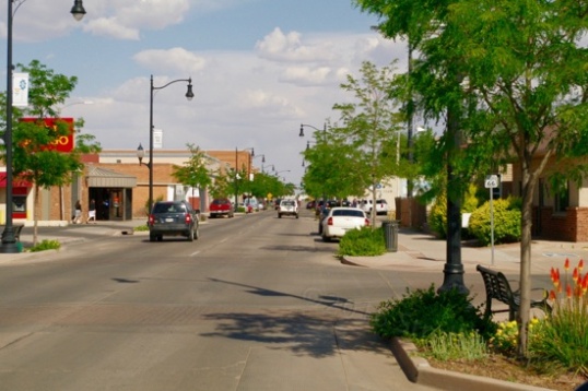 The eastbound half of 66 enters Winslow's downtown.